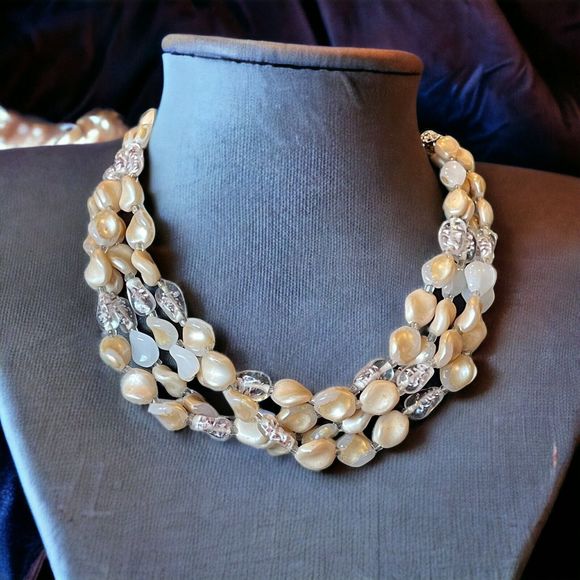 No Brand Jewelry - Triple 3 Three Strand Vintage Signed Japan Neutral Color Glass Beaded Necklace